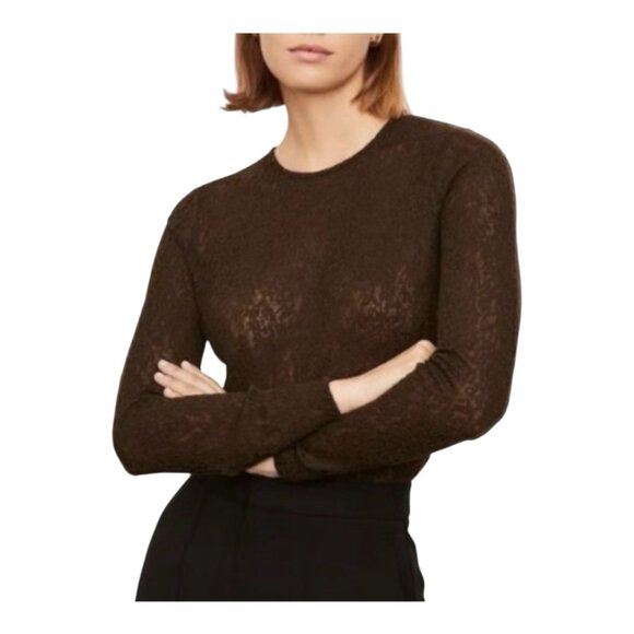Vince Jacquard Crewneck Lace Top Large Brown Wool Blend Long Sleeve Fitted NWT - Picture 1 of 8